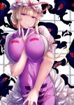  1girl absurdres arm_between_breasts bangs between_breasts black_background blonde_hair bow breasts closed_mouth dress eyebrows_visible_through_hair gap_(touhou) hand_up hat hat_bow highres large_breasts looking_to_the_side mirufui mob_cap pink_eyes pink_nails puffy_short_sleeves puffy_sleeves purple_vest red_bow short_hair short_hair_with_long_locks short_sleeves smile solo tabard touhou vest white_background white_dress white_headwear yakumo_yukari 