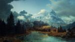  absurdres castle clouds dark_clouds forest grass highres mountain nature no_humans original philipp_urlich river scenery tower water 