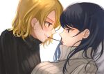  2girls black_hair blonde_hair blue_eyes brown_eyes character_request commentary_request copyright_request food food_in_mouth fukuroumori highres multiple_girls pocky pocky_kiss sweater teeth twitter_username white_background yuri 