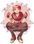  1boy beanie brown_pants collared_shirt commentary_request fingerless_gloves full_body gloves hands_up hat holding male_focus open_mouth pants pokemon pokemon_adventures red_eyes ruby_(pokemon) shirou_(shiro_uzr) shirt shoes smile solo spread_legs squatting teeth twitter_username w_arms white_headwear 