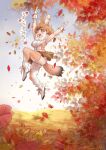  animal_ears autumn autumn_leaves brown_hair commentary_request day dhole_(kemono_friends) dog_ears dog_girl dog_tail extra_ears falling_leaves jumping kemono_friends kemono_friends_3 leaf looking_at_viewer nature nyororiso_(muyaa) outdoors panties pantyshot scenery skirt tail thigh-highs translation_request tree underwear 