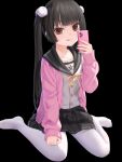  1girl :p bangs black_background black_hair black_sailor_collar black_skirt brown_eyes cardigan cellphone closed_mouth eyebrows_visible_through_hair highres holding holding_phone long_hair looking_at_viewer neck_ribbon no_shoes open_cardigan open_clothes original pantyhose phone pink_cardigan pleated_skirt ribbon sailor_collar school_uniform serafuku shirt simple_background skirt smile solo tongue tongue_out too-ye twintails uneven_eyes very_long_hair white_legwear white_shirt yellow_ribbon 