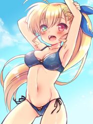  1girl armpits arms_up bangs bikini black_bikini blonde_hair blue_ribbon blue_sky breasts chonkoo clouds cloudy_sky commentary cowboy_shot day green_eyes hair_ribbon heterochromia long_hair looking_at_viewer lyrical_nanoha mahou_shoujo_lyrical_nanoha mahou_shoujo_lyrical_nanoha_vivid medium_breasts navel open_mouth outdoors red_eyes ribbon side-tie_bikini side_ponytail sky smile solo standing swimsuit vivio 