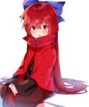  1girl alternate_hair_length alternate_hairstyle bangs blue_bow blush bow cloak commentary eyebrows_visible_through_hair hair_bow highres long_hair long_sleeves looking_at_viewer nagai_riku red_cloak red_eyes red_skirt redhead ribbon-trimmed_bow sekibanki short_hair skirt sleeves_past_wrists solo sweatdrop touhou white_background 
