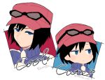  1boy bangs black_hair blue_eyes blue_jacket closed_mouth commentary_request eyewear_on_headwear hat heart jacket male_focus multiple_views pink_headwear pokemon pokemon_adventures shirou_(shiro_uzr) short_hair sunglasses twitter_username x_(pokemon) 