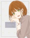  1girl bangs blush brown_hair collared_shirt copyright_name earrings eyebrows_visible_through_hair glowing green_eyes grey_shirt hands_up jewelry lia_kulea long_sleeves looking_at_viewer mai_(maika_04) medium_hair open_mouth original shirt smile solo watch watch 