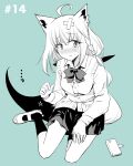  1girl ahoge animal_ears aqua_theme bangs blush bow bowtie braid cardigan commentary_request earrings eyebrows_visible_through_hair fox_ears fox_girl fox_tail hair_between_eyes hair_bow hololive hololive_error jewelry kurose_kousuke loafers long_hair long_sleeves looking_at_viewer monochrome pentagram shirakami_fubuki shoes sidelocks single_braid sitting skirt smartphone_case socks solo tail virtual_youtuber wavy_mouth 