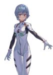  1girl absurdres ayanami_rei blue_hair bodysuit closed_mouth expressionless hairpods highres looking_at_viewer max-k neon_genesis_evangelion pilot_suit plugsuit red_eyes short_hair simple_background solo standing white_background white_bodysuit 