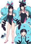  1girl :o absurdres bangs black_hair black_swimsuit blue_eyes blunt_bangs commentary elesa_(pokemon) eyelashes finneon flats green_jacket head_rest heart highres jacket knees looking_at_viewer multicolored_hair multiple_views nishikino_kee one-piece_swimsuit one_eye_closed open_clothes open_jacket open_mouth parted_lips pink_footwear pokemon pokemon_(creature) pokemon_(game) pokemon_bw2 sidelocks standing streaked_hair swimsuit 