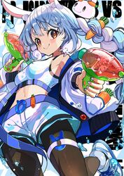  &gt;:) 1girl absurdres animal_ear_fluff bangs black_legwear blue_hair blue_nails braid carrot carrot_hair_ornament commentary crop_top don-chan_(usada_pekora) food-themed_hair_ornament hair_ornament highres holding holding_water_gun hololive jacket jumping long_hair multicolored_hair nail_polish navel nousagi_(usada_pekora) off_shoulder orange_eyes outstretched_arm pantyhose piyokuma shorts smile solo star_(symbol) star_print thigh_strap twin_braids two-tone_hair usada_pekora v-shaped_eyebrows virtual_youtuber water_drop water_gun white_jacket white_shorts 