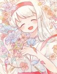  1girl bangs blue_flower blush closed_eyes flower hakama headband highres holding holding_flower japanese_clothes kantai_collection leaf long_hair nada_namie open_mouth petals pink_flower red_flower red_hakama shoukaku_(kancolle) signature simple_background solo upper_body white_background white_hair 