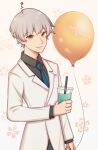  1boy balloon bangs beige_background black_shirt blue_necktie codename:_tora collared_shirt cup disposable_cup drinking_straw eyebrows_visible_through_hair grey_hair happy_birthday holding holding_balloon holding_cup indie_virtual_youtuber jacket nebokeru necktie shirt smile solo virtual_youtuber white_jacket 