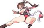  1girl ass breasts enpe fatal_fury high_ponytail highres large_breasts legwear_under_shorts long_hair ninja ponytail pose shiranui_mai shorts simple_background snk solo the_king_of_fighters thong white_background 