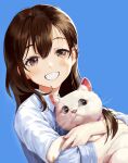  1girl :d absurdres animal animal_ears bangs blue_background brown_eyes brown_hair cat cat_ears collared_shirt grin highres holding holding_animal holding_cat long_sleeves looking_at_viewer original reference_request shiny shiny_hair shirt simple_background smile solo sub_chon9 teeth upper_body white_shirt 