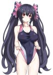  1girl adjusting_clothes adjusting_swimsuit alternate_breast_size black_hair blush breasts competition_swimsuit covered_navel eyebrows_visible_through_hair hair_between_eyes hair_ribbon highres large_breasts long_hair looking_at_viewer neptune_(series) noire_(neptune_series) one-piece_swimsuit red_eyes ribbon simple_background skin_tight solo swimsuit twintails very_long_hair wet white_background zatsu 