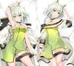  1girl animal_ear_fluff animal_ears arknights arm_up armpits ass_visible_through_thighs bare_shoulders bed_sheet blush breasts bright_pupils cat_ears closed_mouth collar collarbone dakimakura_(medium) dress eyebrows_visible_through_hair feet_out_of_frame from_above green_dress green_eyes green_hair head_tilt highres kal&#039;tsit_(arknights) labcoat long_sleeves lying masabodo medium_breasts multiple_views off_shoulder on_back on_bed open_clothes parted_lips see-through short_hair smile v-shaped_eyebrows 