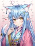  1girl ahoge animal_ear_fluff animal_ears bangs bell blue_hair blue_nails blush cat_ears cat_tail closed_mouth colored_tips crescent crescent_hair_ornament cup ear_piercing elf floral_print hair_between_eyes hair_ornament hairclip hakama hand_up heart_ahoge highres holding holding_cup hololive japanese_clothes jingle_bell kimono long_hair long_sleeves looking_at_viewer mirukurim multicolored_hair obi piercing pink_hakama pointy_ears print_kimono ribbon sash smile solo streaked_hair tail tail_bell tail_ornament tail_ribbon very_long_hair virtual_youtuber wide_sleeves yellow_eyes yukihana_lamy 