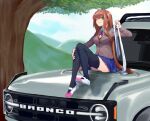  1girl alternate_hairstyle bangs blazer blue_skirt brown_hair brown_jacket brown_vest car collared_shirt commission doki_doki_literature_club english_commentary eyebrows_behind_hair green_eyes ground_vehicle highres holding holding_ribbon jacket licking long_hair monika_(doki_doki_literature_club) motor_vehicle mountain neck_ribbon odakojirou one_eye_closed red_ribbon ribbon school_uniform shirt sitting skirt sky solo thigh-highs tree vest white_ribbon 
