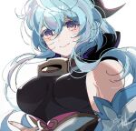  bangs bare_shoulders bell blue_hair breasts detached_sleeves ganyu_(genshin_impact) genshin_impact gold_trim horns long_hair looking_at_viewer medium_breasts mtk_(souko) multicolored_eyes neck_bell sideboob sidelocks signature smile solo white_background white_sleeves 