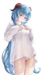  1girl absurdres blue_hair fingers_together ganyu_(genshin_impact) genshin_impact goat_horns hair_between_eyes head_tilt highres horns long_hair looking_at_viewer no_pants panties rable see-through shirt simple_background solo standing thighs underwear violet_eyes white_background white_panties white_shirt 