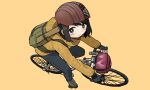  1girl absurdres backpack bag bangs bicycle black_eyes black_gloves black_hair black_pants blush fingerless_gloves gloves green_bag ground_vehicle helmet highres jacket original pants shadow short_hair simple_background smile solo yellow_background yellow_jacket zinbei 