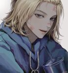  1boy bandaid bandaid_on_face black_eyes blonde_hair blue_sweater cup drinking_straw highres hood hood_down jekaaa looking_at_viewer male_focus medium_hair open_mouth sano_manjirou simple_background smile solo sweater tokyo_revengers upper_body white_background 