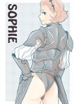  1girl armor ass back_turned cameltoe closed_mouth fire_emblem fire_emblem_fates grey_eyes grey_hair hairband looking_at_viewer medium_hair smile solo sophie_(fire_emblem) tico upper_body 