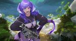  1girl apex_legends blue_eyes commentary dragon_girl dragon_tail english_commentary ex-trident eyebrows_visible_through_hair fangs gun head_wings heterochromia highres long_sleeves looking_at_viewer nijisanji nijisanji_en open_mouth outdoors plant purple_hair r-99_smg selen_tatsuki solo standing submachine_gun tail teeth tongue violet_eyes water weapon 