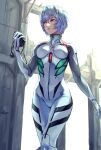  1girl ayanami_rei bangs blue_hair blush bodysuit breasts earphones earphones evangelion:_3.0+1.0_thrice_upon_a_time hair_between_eyes hand_up headgear headpiece highres holding medic medium_breasts neon_genesis_evangelion open_mouth plugsuit rebuild_of_evangelion red_eyes short_hair solo standing tape_recorder teeth white_bodysuit yoake_dawn01 