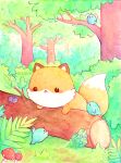  :3 ahoge animal artist_name bird bisquii blue_bird branch bug bush chibi closed_mouth foliage forest fox friends grass leaf log looking_at_another mushroom nature no_humans original painting_(medium) smile traditional_media tree watercolor_(medium) 