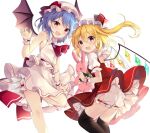  2girls ascot bat_wings black_legwear blue_hair blush brooch crystal eyebrows_visible_through_hair fang feet_out_of_frame flandre_scarlet hair_between_eyes hat highres holding holding_stuffed_toy jewelry long_hair mob_cap multiple_girls one_side_up open_mouth pink_headwear pink_skirt pink_vest puffy_short_sleeves puffy_sleeves purple_hair red_ascot red_eyes red_skirt red_vest remilia_scarlet ruhika short_hair short_sleeves siblings simple_background sisters skirt smile stuffed_animal stuffed_bunny stuffed_toy thigh-highs touhou twitter_username vest white_background white_headwear wings 