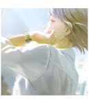  1girl blurry blurry_background brown_hair covering_mouth earrings hand_up highres jewelry lia_kulea long_sleeves looking_at_viewer original profile shirt short_hair solo tunapon01 upper_body watch watch white_shirt 