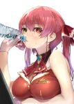  1girl ascot bangs blush bottle breasts commentary_request drinking eyebrows_visible_through_hair gloves hair_ribbon heterochromia highres holding holding_bottle hololive houshou_marine large_breasts looking_at_viewer red_eyes red_neckwear red_ribbon redhead ribbon simple_background solo twintails upper_body virtual_youtuber wankosukii water_bottle white_background white_gloves yellow_eyes 