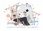  1girl animal_ear_fluff animal_ears arknights bangs barefoot birthday_cake box cake candle chibi commentary_request fire food gift gift_box grey_eyes grey_hair hair_between_eyes hair_ornament hairclip happy_birthday highres jacket lappland_(arknights) long_hair long_sleeves object_hug open_clothes open_jacket pennant sitting solo star_(symbol) string_of_flags striped stuffed_animal stuffed_bunny stuffed_toy tail vertical_stripes very_long_hair white_background white_jacket xijian 