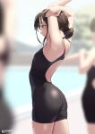  1girl 3girls armpits ass black_swimsuit blurry blurry_background breasts brown_eyes brown_hair closed_mouth commentary_request from_behind jonsun looking_away multiple_girls one-piece_swimsuit original pool shiori_(jonsun) short_hair small_breasts solo solo_focus swimsuit twitter_username wet 