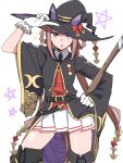  1girl :o animal_ear_headwear boots brown_hair commentary_request contrapposto cowboy_shot durindana_7 gloves hair_rings hand_on_hip hat highres long_hair long_sleeves looking_at_viewer pleated_skirt skirt solo standing sweep_tosho_(umamusume) thigh-highs thigh_boots umamusume very_long_hair white_background white_gloves white_skirt wide_sleeves witch_hat 