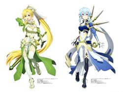  2girls :d absurdres armor bangs black_footwear blonde_hair blue_eyes blue_hair boots breastplate breasts closed_mouth elbow_gloves faulds full_body garter_straps gloves green_eyes green_gloves hair_between_eyes hair_ornament hand_in_hair highres large_breasts leafa_(terraria) long_hair looking_at_viewer multiple_girls official_art ponytail short_hair_with_long_locks shoulder_armor side_slit sidelocks simple_background sinon_(solus) smile standing sword_art_online thigh-highs thigh_boots very_long_hair white_background 