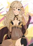  1girl ahoge bangs blonde_hair bodystocking breasts bridal_gauntlets cape circlet covered_navel fire_emblem fire_emblem_fates fire_emblem_heroes grey_eyes hand_up highres long_hair medium_breasts open_mouth ophelia_(fire_emblem) panties solo thigh_high_tavi thighs turtleneck underwear upper_body 
