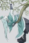  1boy aqua_hair aqua_horns black_pants branch closed_eyes drruraguchi grey_background highres leaf long_hair pants plant pointy_ears rope simple_background solo the_legend_of_luo_xiaohei tree very_long_hair xuhuai_(the_legend_of_luoxiaohei) 