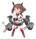  1girl absurdres anchor black_skirt breasts brown_hair cannon dame_shoal fire flipped_hair full_body gloves green_eyes hairband headgear highres kantai_collection large_breasts midriff miniskirt mutsu_(kancolle) pleated_skirt radio_antenna red_legwear rigging short_hair skirt solo standing turret white_gloves 