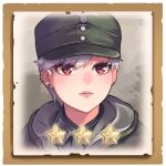  1girl bangs closed_mouth company_of_heroes earrings german_army green_headwear hat jewelry lips looking_at_viewer lowres military military_coat military_hat military_uniform original purple_hair red_eyes short_hair smile solo star_(symbol) uniform world_war_ii zhainan_s-jun 