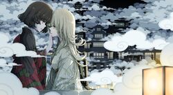  2girls bob_cut brown_hair clouds floral_print green_hair hand_on_another&#039;s_face highres japanese_clothes kimono long_hair looking_at_another multiple_girls night original outdoors pagoda pale_skin profile red_eyes sakuraba_yuuki short_hair upper_body yellow_eyes yuri 