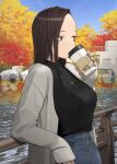 1girl autumn black_sweater blue_sky breasts brown_eyes brown_hair commentary_request cup day drinking forehead ganbare_douki-chan grey_jacket highres holding holding_cup jacket jewelry lake long_hair looking_away medium_breasts necklace outdoors senpai-san_(douki-chan) sky solo sweater water yomu_(sgt_epper) 