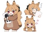  1girl :3 :d =_= animal_ears arknights baklava black_bow blush_stickers bow ceobe_(arknights) chibi cropped_torso dakimakura_(object) doctor_(arknights) dog_ears dog_girl dog_tail drooling fang food hair_between_eyes hair_bow heart highres holding holding_food long_hair looking_at_viewer multiple_views object_hug official_alternate_costume onesie open_mouth pillow pillow_hug red_eyes simple_background smile someyaya tail thick_eyebrows very_long_hair white_background zzz 