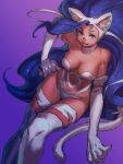  1girl :3 :d animal_ear_fluff animal_ears animal_hands bare_shoulders big_hair blue_hair breasts cat_ears cat_girl cat_tail claws collarbone felicia_(vampire) fur gradient gradient_background long_hair looking_at_viewer medium_breasts navel purple_background slit_pupils smile solo tail vampire_(game) very_long_hair violet_eyes yuccoshi 