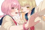  2girls blonde_hair commentary_request food hachinatsu highres long_hair looking_at_viewer motion_blur multiple_girls open_mouth original pink_hair pocky pocky_kiss school_uniform simple_background smile upper_body white_background yuri 