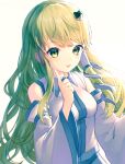  1girl :d arm_up bangs bare_shoulders blue_skirt blush breasts collared_shirt commentary dated detached_sleeves finger_to_mouth fingernails frog_hair_ornament green_eyes green_hair hair_ornament happy highres kisamu_(ksmz) kochiya_sanae large_breasts long_hair long_sleeves looking_at_viewer nontraditional_miko open_mouth shirt sidelighting sidelocks simple_background skirt smile snake_hair_ornament solo standing teeth touhou upper_body upper_teeth white_background white_shirt wide_sleeves wing_collar 