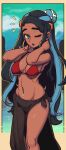  arms_up bikini black_hair blue_eyes blue_hair breasts dark-skinned_female dark_skin earclip earrings hair_bun highres hoop_earrings jewelry long_hair masgamjya medium_breasts multicolored_hair navel nessa_(pokemon) ocean one_eye_closed open_mouth outdoors pokemon pokemon_(game) pokemon_swsh standing swimsuit two-tone_hair water 