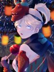 1girl apex_legends black_scarf blue_eyes blurry blurry_background blush breasts candy_apple demon&#039;s_whisper_wraith fireworks food from_behind highres holding holding_food kapuri_cha lantern looking_back mask mask_on_head medium_breasts night night_sky oni_mask pale_skin ponytail scarf sky solo white_hair wraith_(apex_legends) 