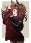  1girl angelina_(arknights) animal_ears arknights bangs border brown_background brown_eyes brown_hair headband highres holding holding_hair in_mouth jacket long_hair long_sleeves red_jacket solo twintails upala_(5467913) white_border wolf_ears wolf_girl 